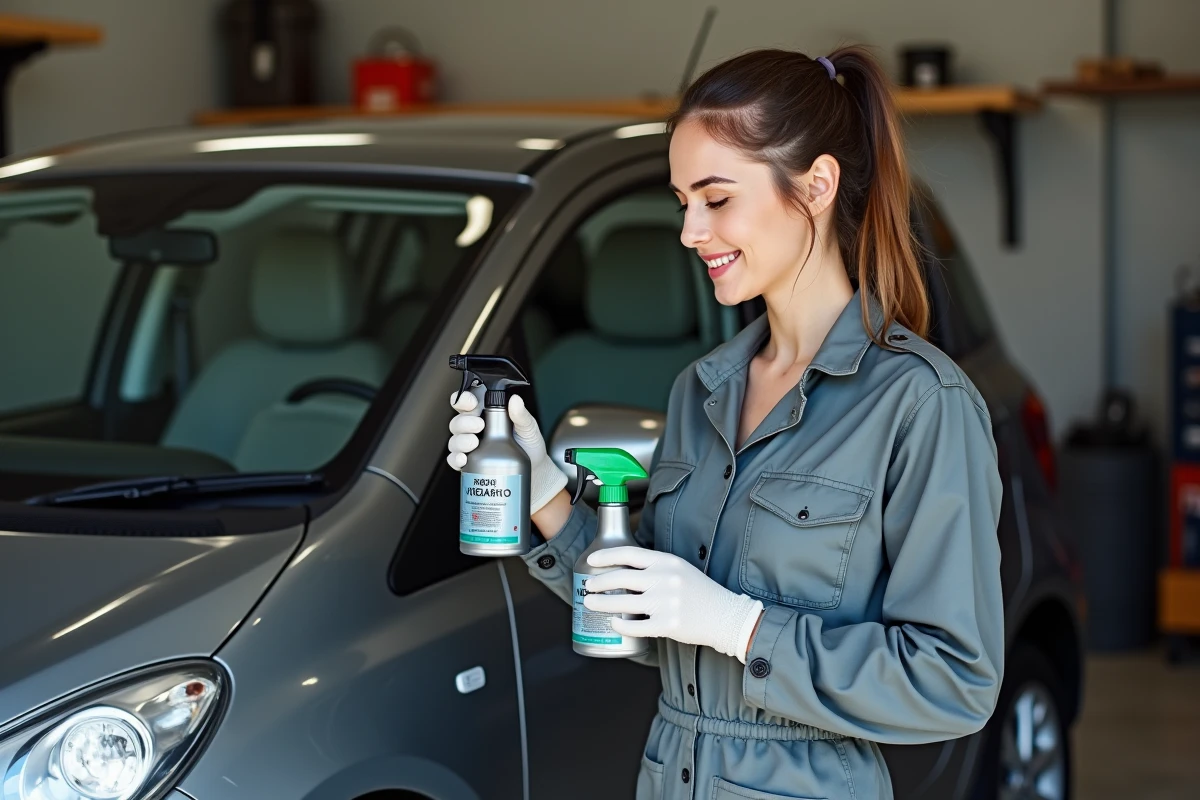 Jeune femme comparant deux sprays dans un garage organisé
