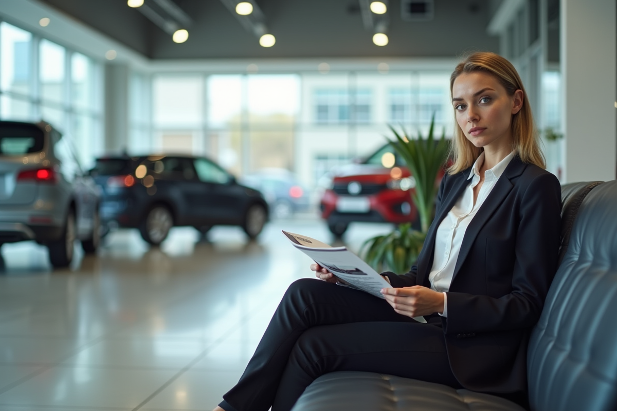 Jeune femme dans un concessionnaire automobile moderne