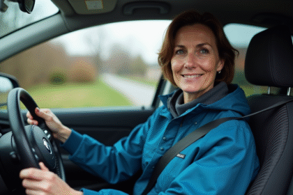 Femme au volant d'une voiture compacte en conduite sûre