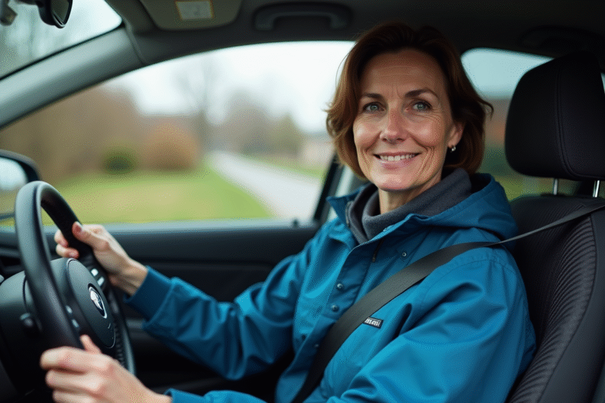 Femme au volant d'une voiture compacte en conduite sûre