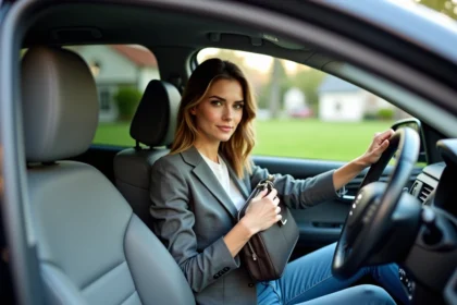 Jeune femme confiante dans sa voiture en milieu urbain