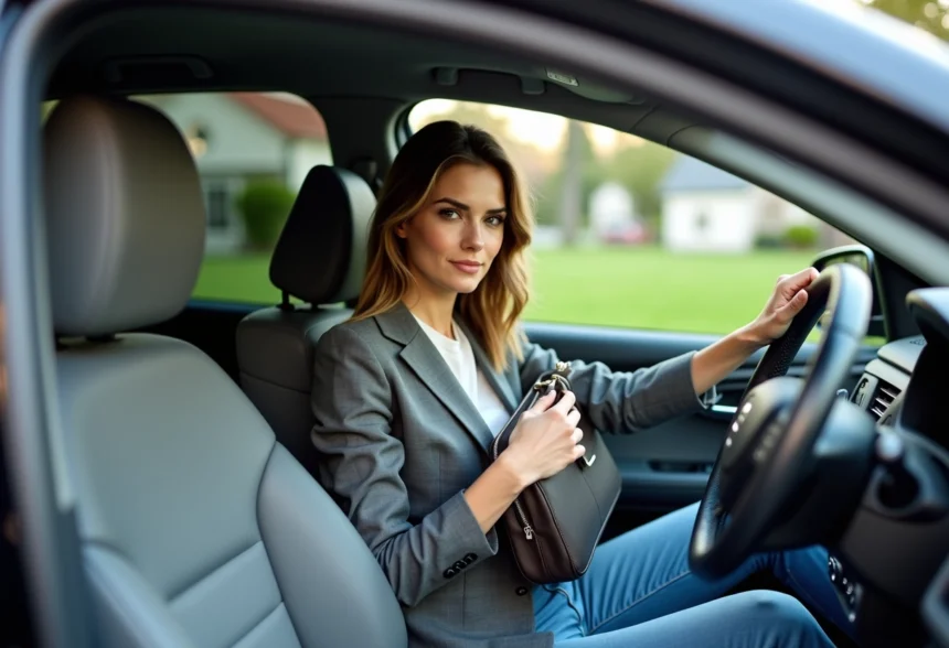 Jeune femme confiante dans sa voiture en milieu urbain