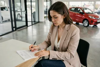 Femme examinant un contrat de leasing automobile chez un concessionnaire Renault, stylo pointant les conditions cachées du document