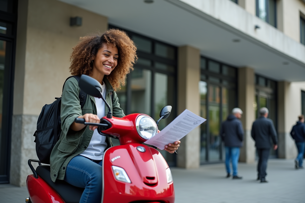 Femme souriante vérifiant ses documents de permis moto