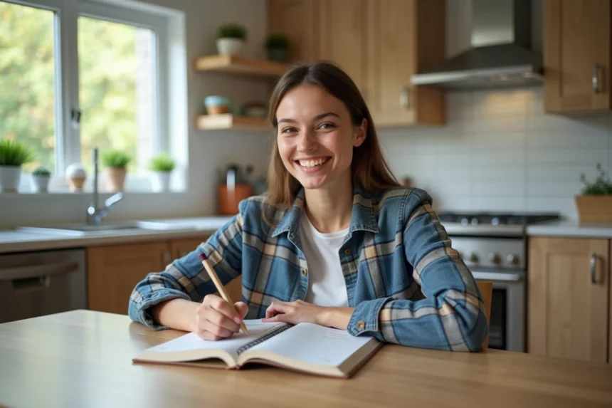 Jeune femme écrivant formules de conversion kmh mph