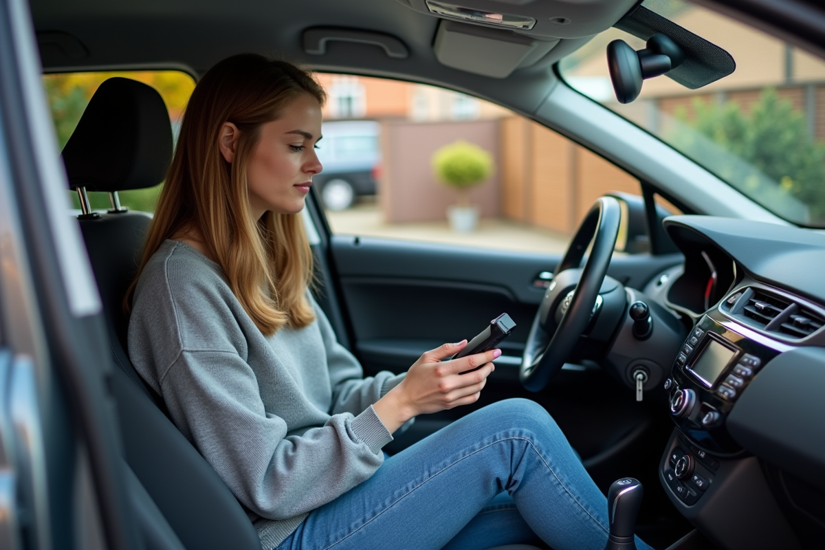 Jeune femme examinant un scanner OBD2 dans une voiture Peugeot