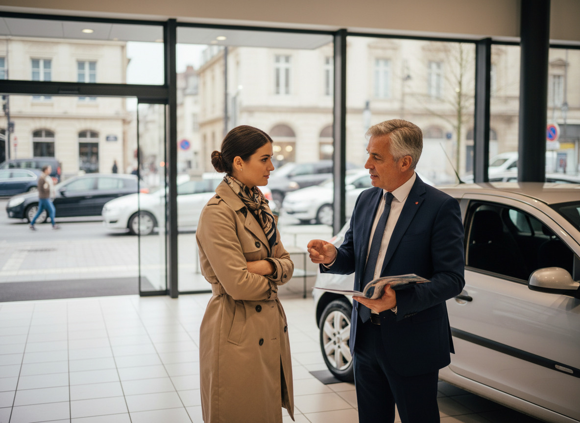Femme discutant avec un concessionnaire dans un showroom
