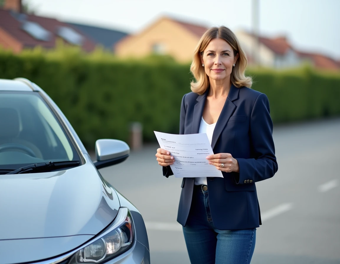 Femme consultant le document d'immatriculation de sa voiture pour vérifier la puissance en chevaux fiscaux