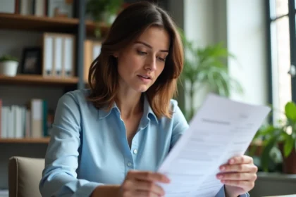 Femme consultant des documents pour souscrire une assurance voiture à son bureau à domicile
