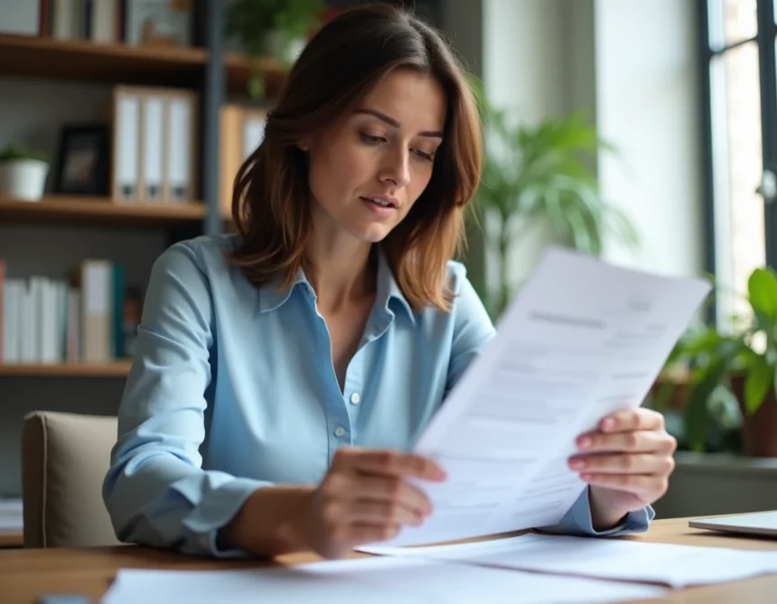 Femme consultant des documents pour souscrire une assurance voiture à son bureau à domicile