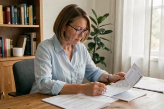 Femme consultant des documents administratifs pour la carte grise d'une voiture sans permis à son bureau