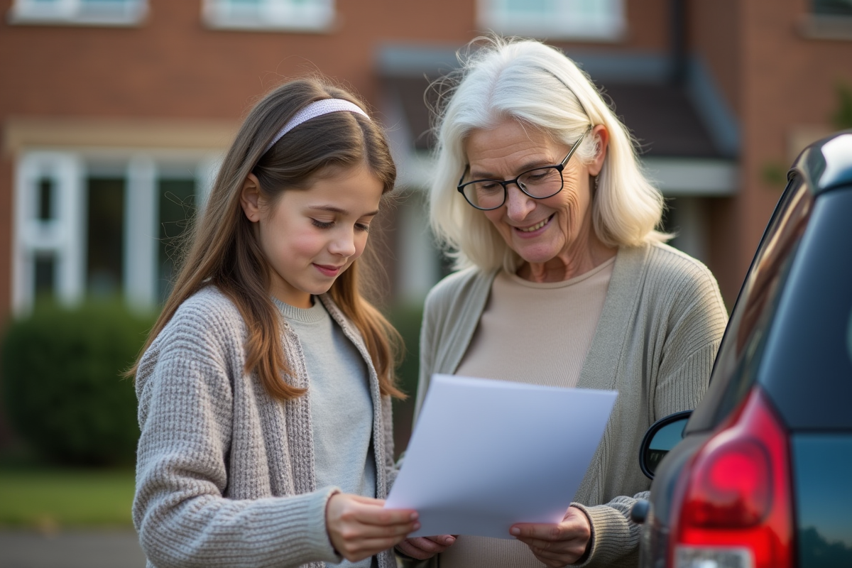 Femme et fille examinant des documents d