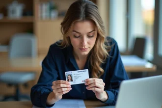 Femme tenant un permis de conduire français et examinant les dates inscrites sur la carte