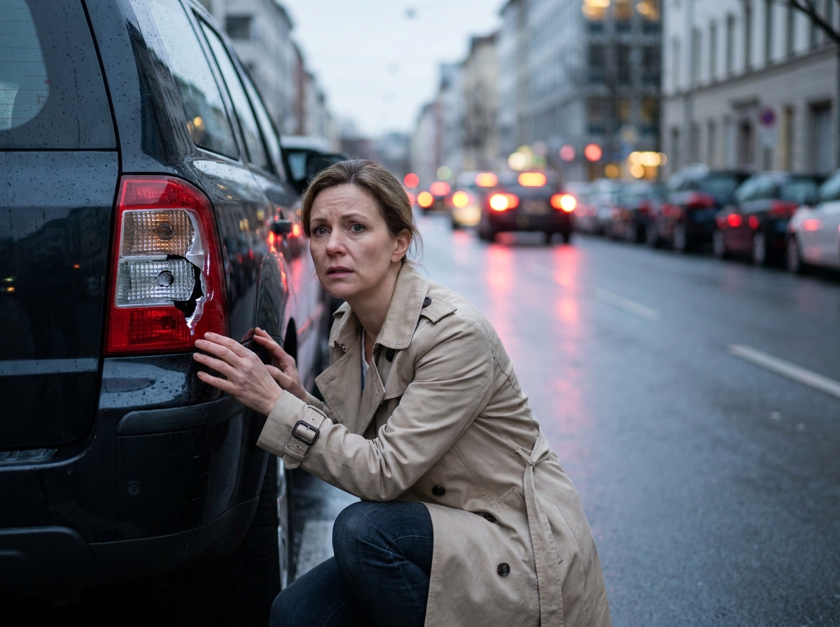 Femme constatant un feu arrière défaillant sur son SUV dans une rue urbaine sous la pluie