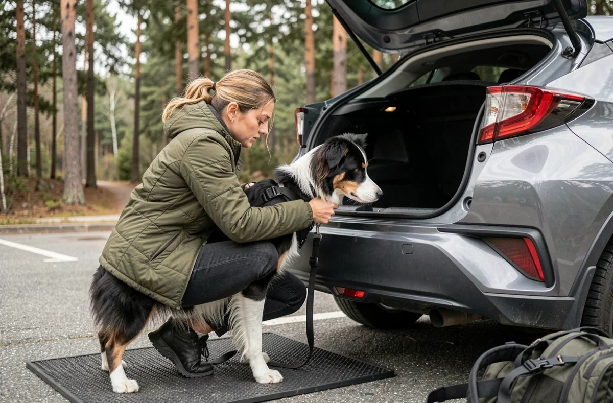 Femme équipant son chien d'un harnais de sécurité dans le coffre d'un Toyota C-HR avant une randonnée