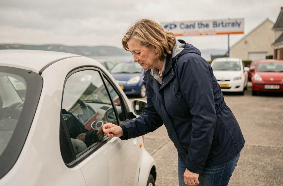 Femme bretonne en train d'inspecter une voiture sans permis d'occasion dans un concessionnaire en Bretagne