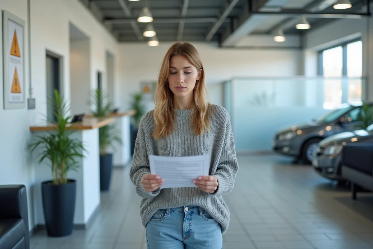 Femme lisant son procès-verbal de contrôle technique dans une salle d'attente d'un centre de contrôle
