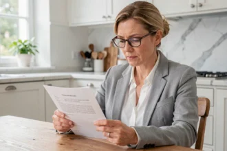Femme consultant son relevé d'assurance voiture à la table de sa cuisine