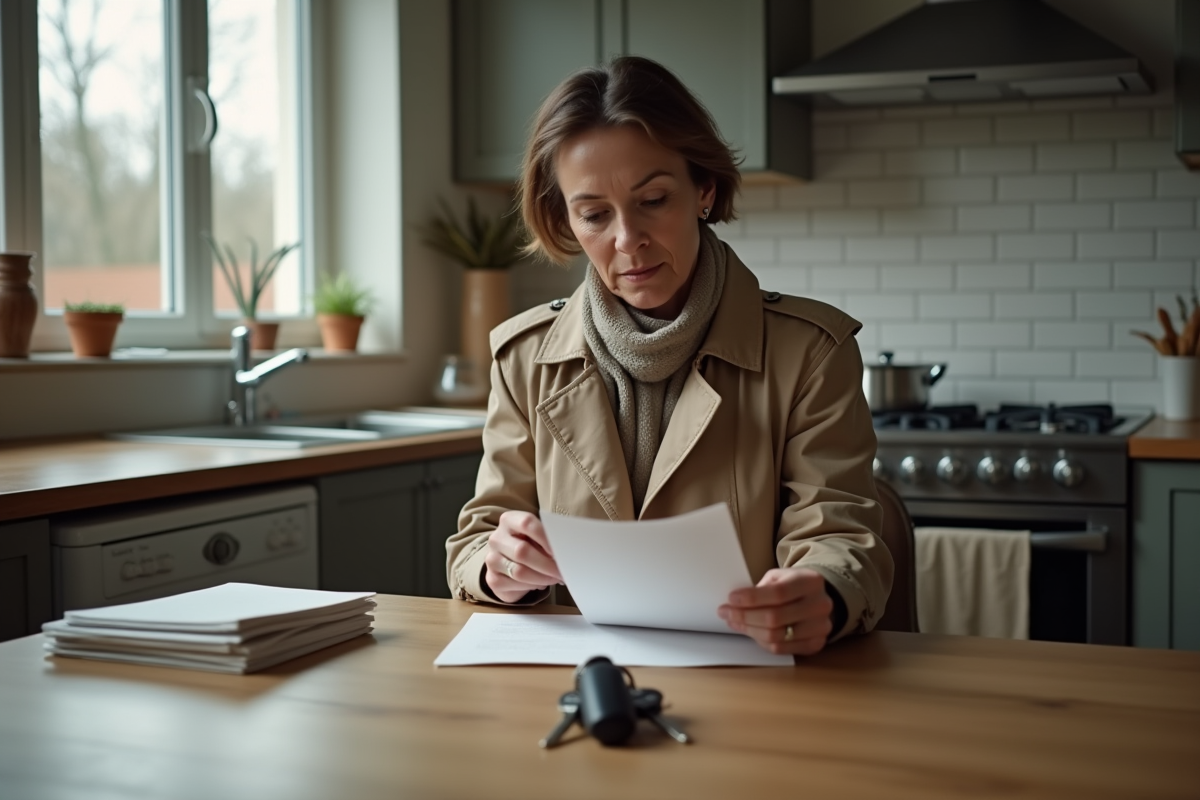 Femme lisant lettre dans la cuisine avec clés de voiture