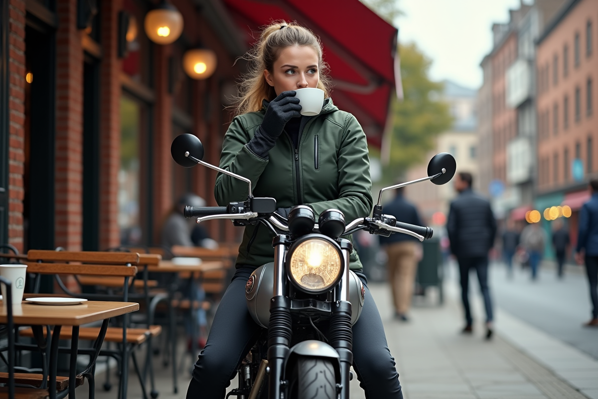 Femme en équipement pratique sur sa moto au café en ville