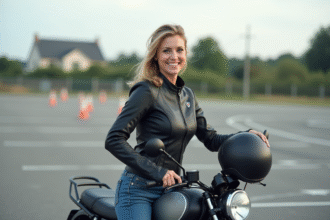Femme souriante avec veste moto et moto 125cc