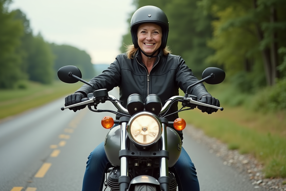 Femme en moto de tourisme ajustant ses rétroviseurs dans la nature