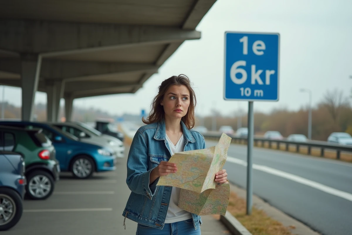 Femme près d'un panneau kilométrique en France consultant une carte routière lors d'un trajet en voiture de location