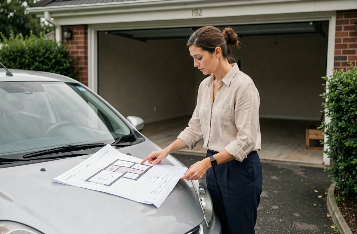 Femme consultant des plans architecturaux de garage sur le capot de sa voiture dans une allée pavillonnaire