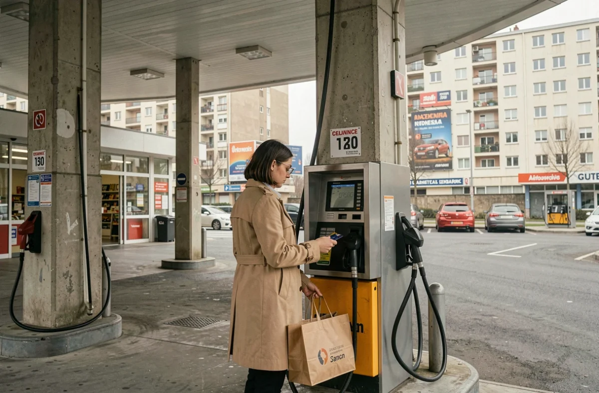 Femme faisant le plein de gasoil à une station-service en banlieue parisienne en consultant l'écran de prix