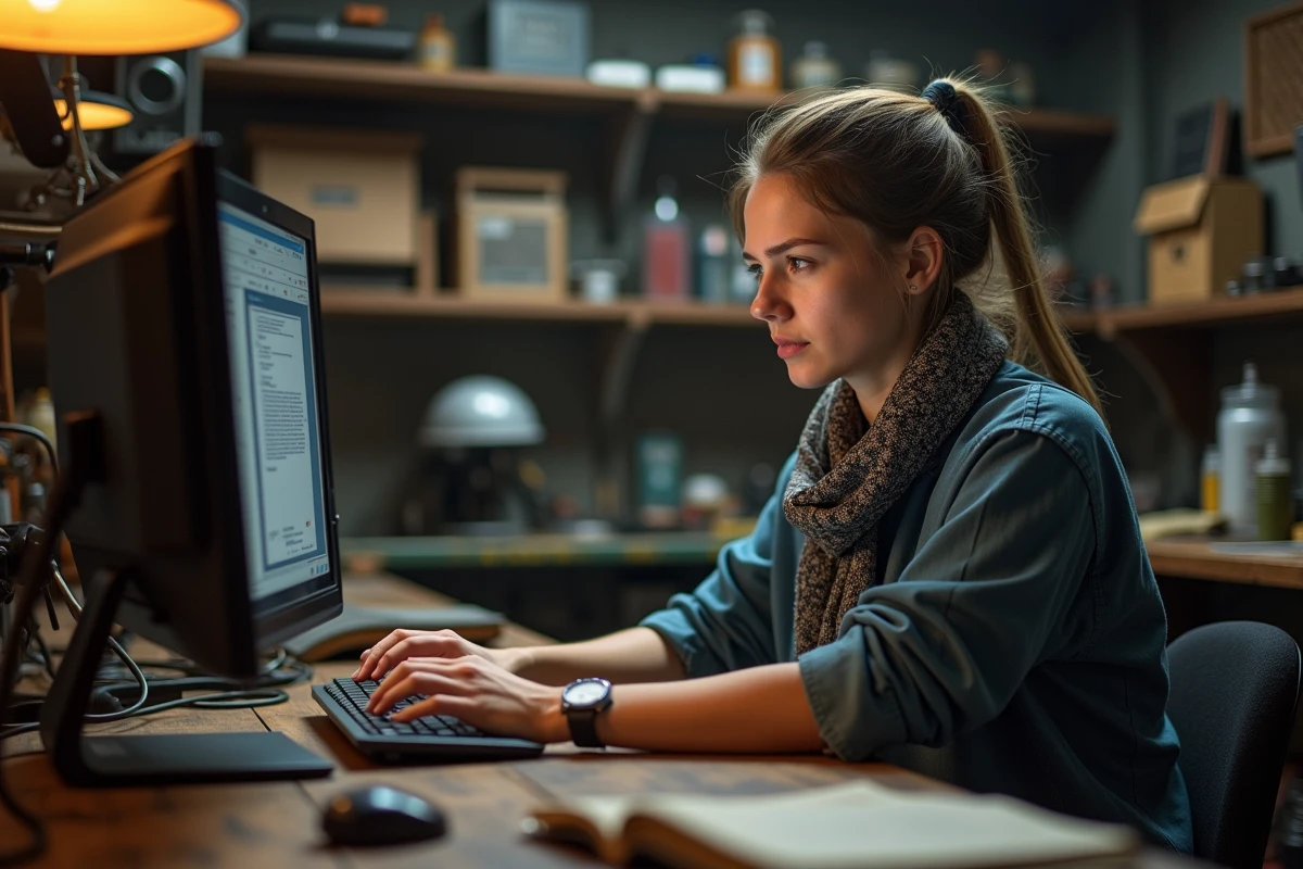 Jeune femme cherchant des pièces de moto sur un ordinateur