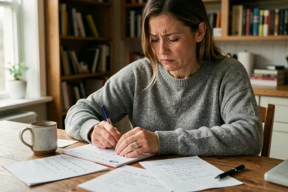 Femme révisant le code de la route avec un calendrier de révision papier et des notes manuscrites sur une table en bois chez elle