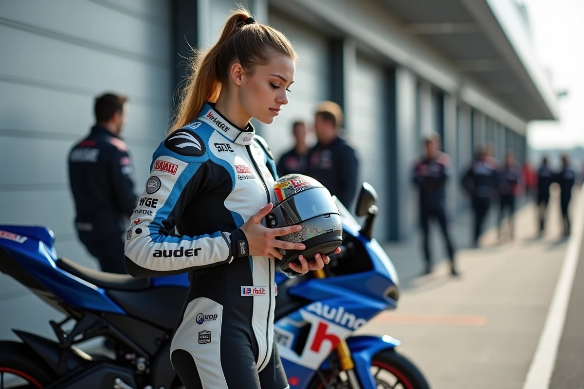 Jeune femme en combinaison de course ajustant son casque