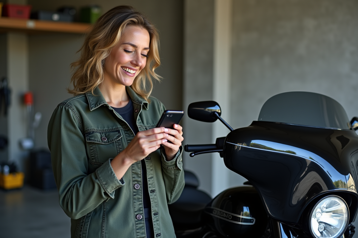 Femme souriante vérifiant la localisation de sa moto avec son smartphone
