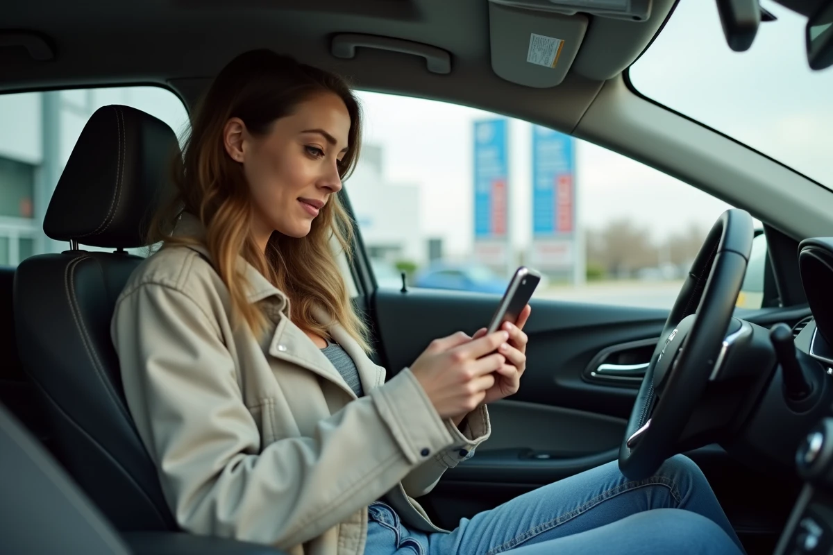 Femme utilise son smartphone dans une voiture stationnee
