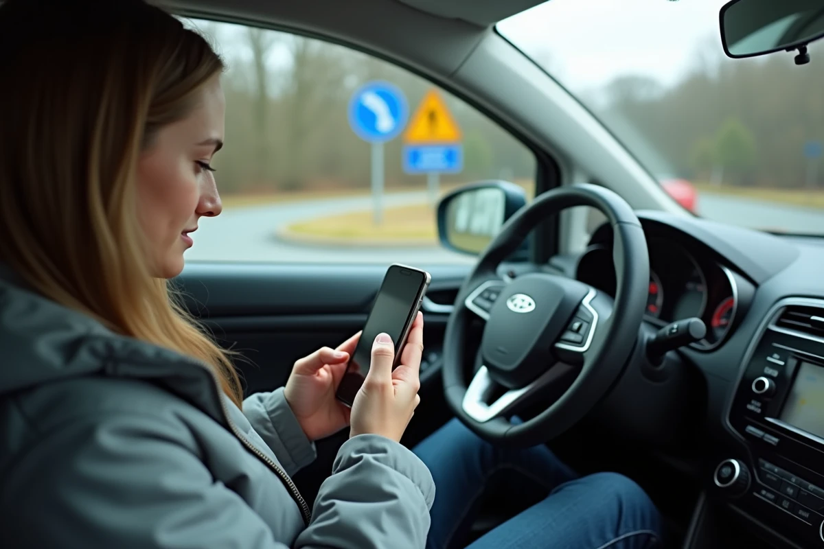 Jeune femme utilisant un smartphone dans sa voiture à Chambéry