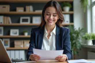 Femme souriante tenant un certificat d'assurance dans un bureau moderne