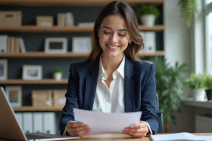 Femme souriante tenant un certificat d'assurance dans un bureau moderne