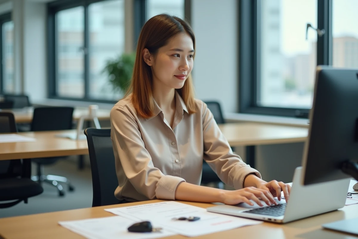Jeune femme au bureau avec formulaires et ordinateur
