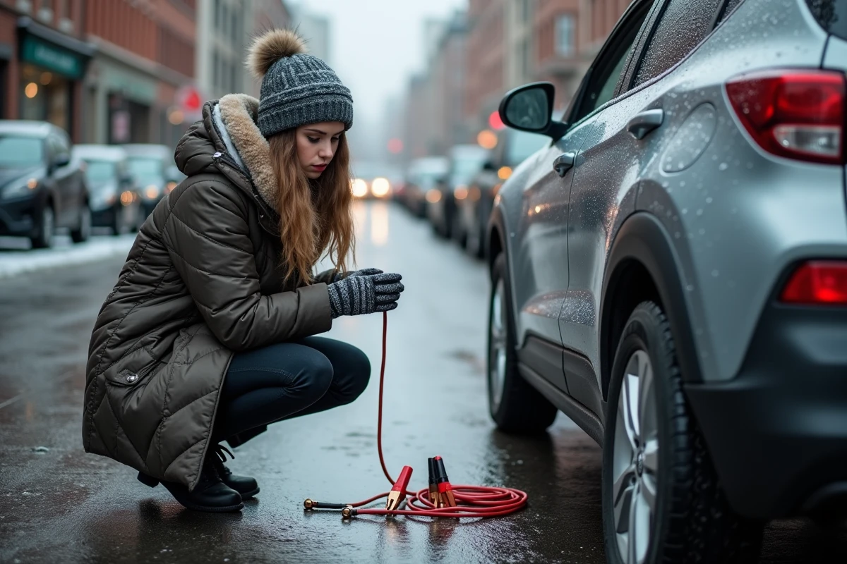 Jeune femme en manteau matelassé vérifiant les câbles sur une voiture en ville en hiver