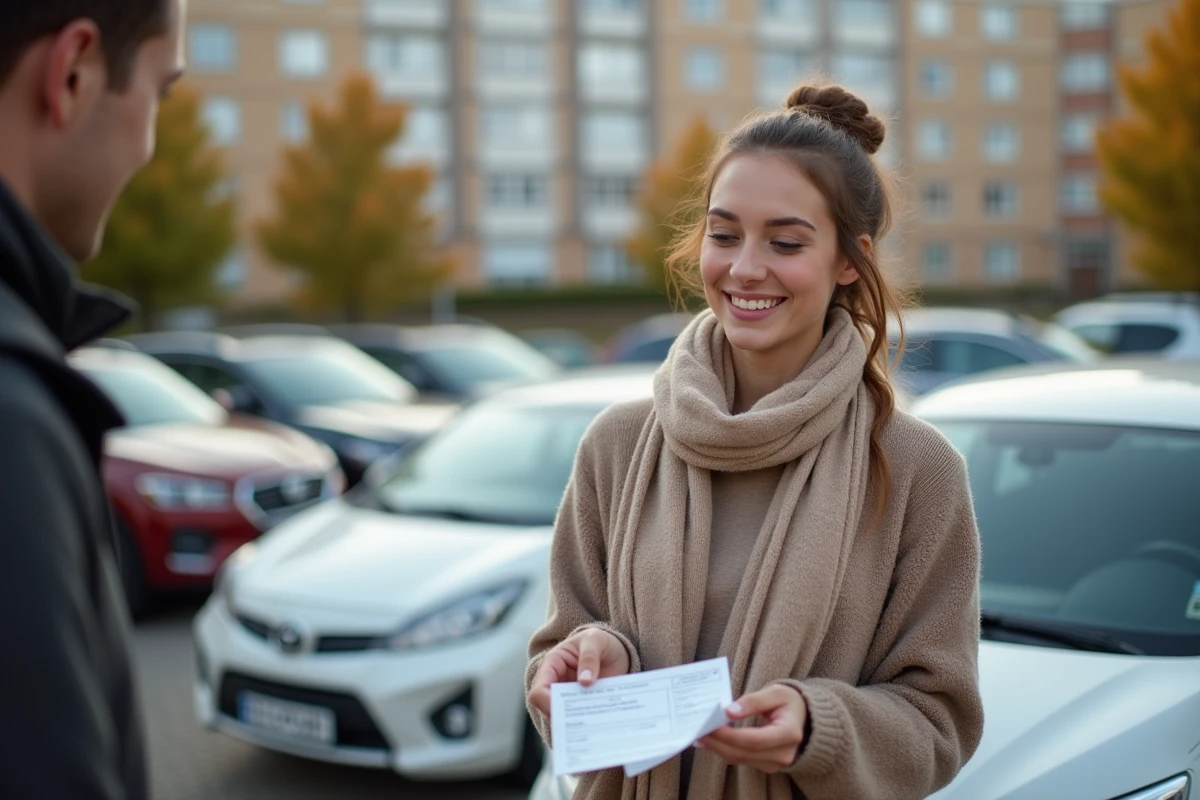 Femme souriante tenant une carte grise à côté d