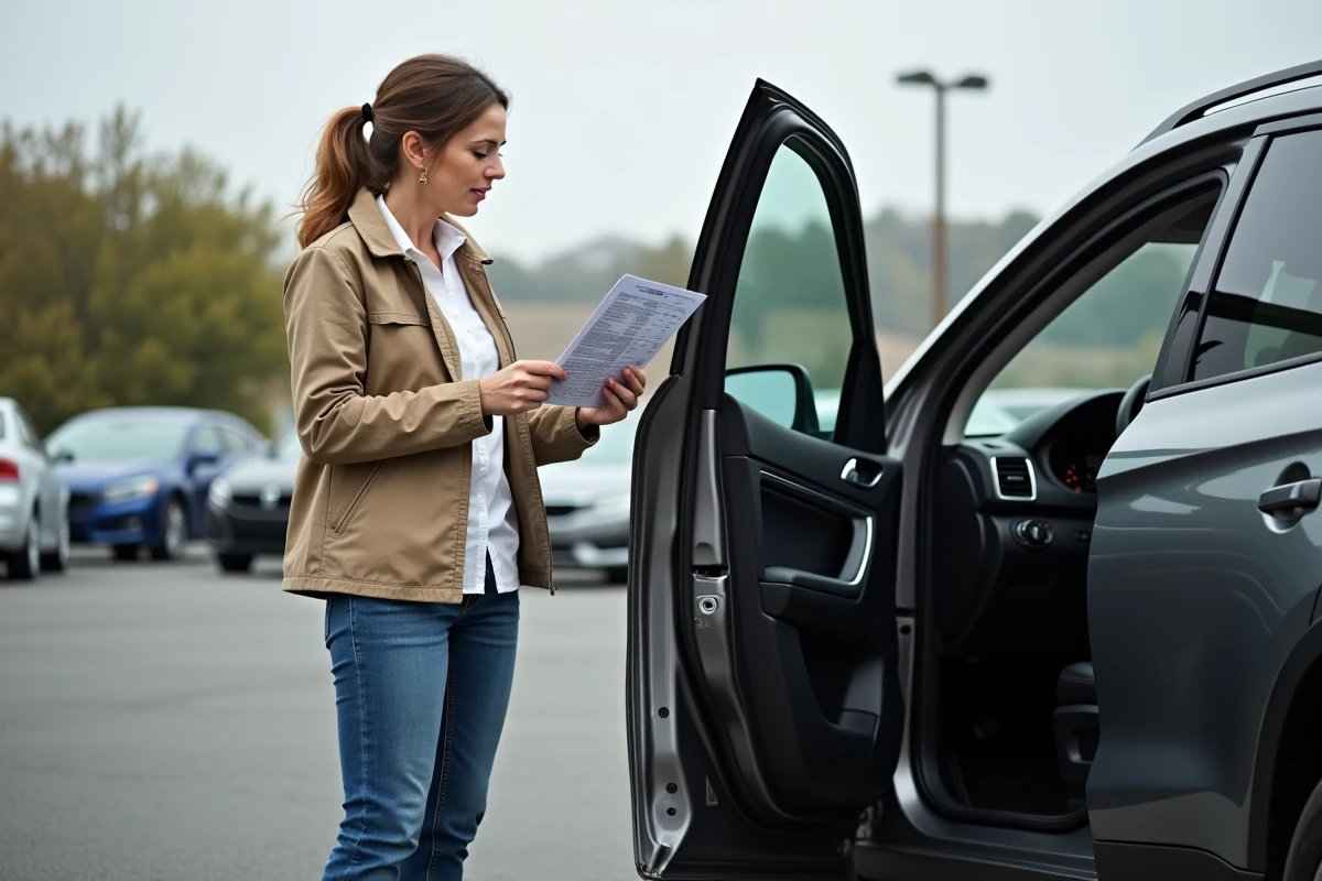 Femme consultant la fiche d'information des pneus de son SUV pour vérifier l'indice de charge recommandé