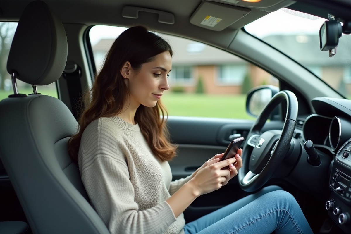Jeune femme dans sa voiture consulte son assurance