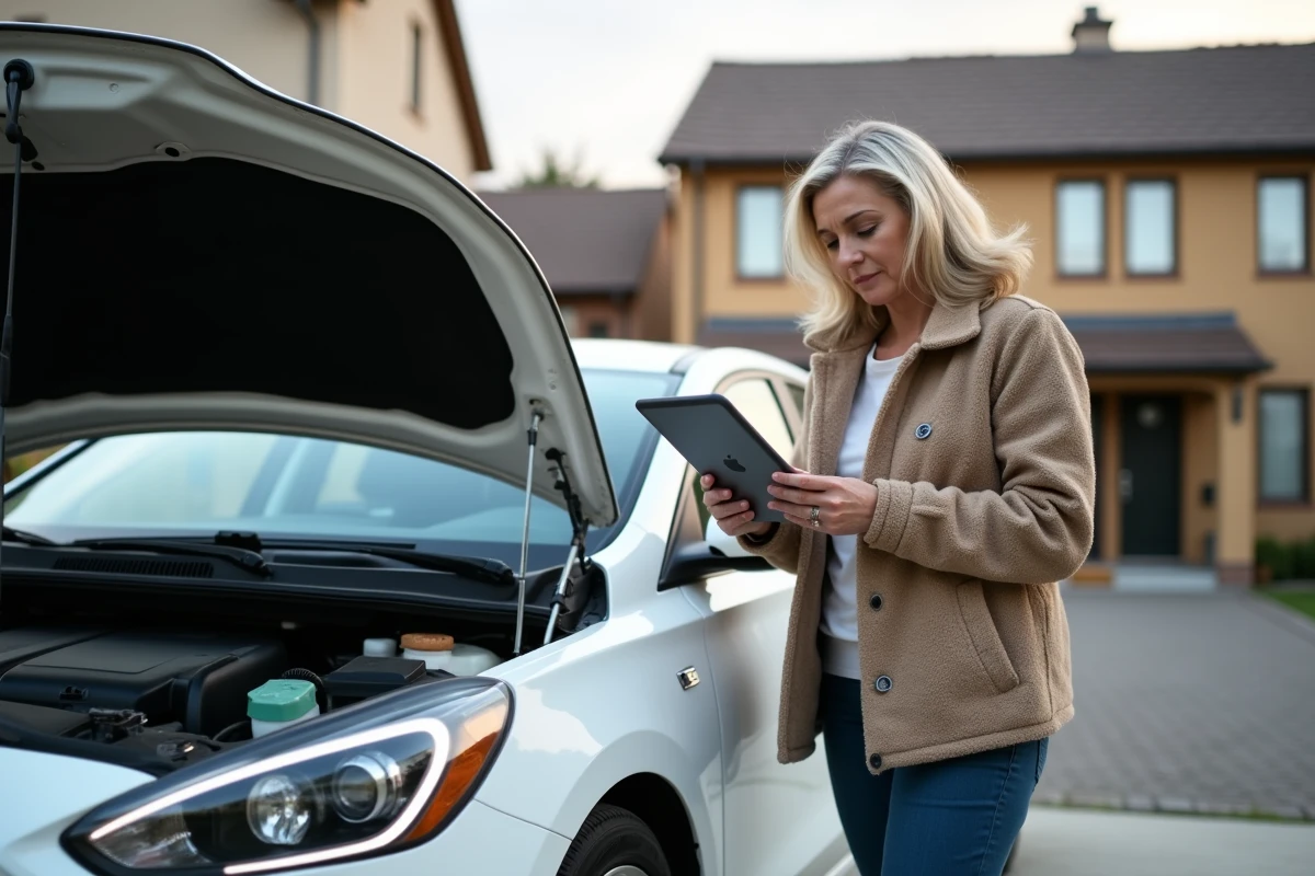 Femme vérifiant le moteur de sa voiture dans la cour