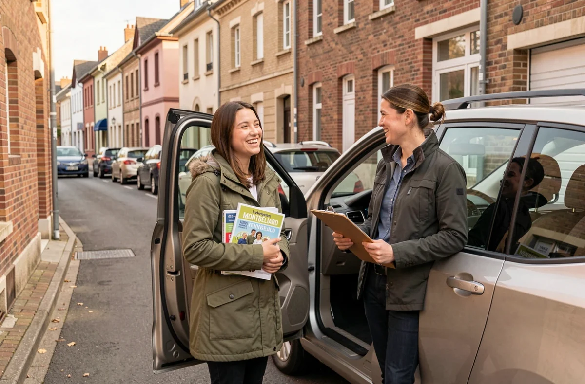 Une élève souriante de Gaelle Auto-Conduite à Montbéliard sortant de la voiture école après une leçon réussie avec sa monitrice