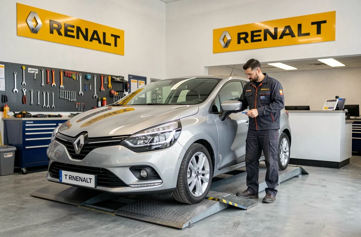 Mécanicien en uniforme Renault inspectant une voiture d'occasion au Garage Charlemagne agent Renault à Nancy