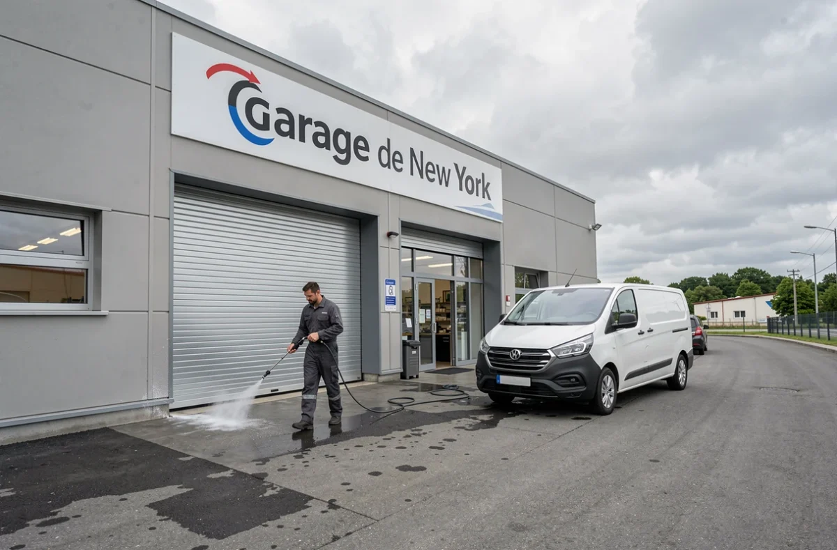 Façade et enseigne extérieure du Garage de New York en Isère avec un technicien nettoyant le parvis de l'atelier
