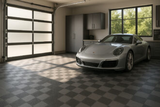 Photo hyperrealiste d'un garage moderne avec carrelage élégant et voiture de luxe