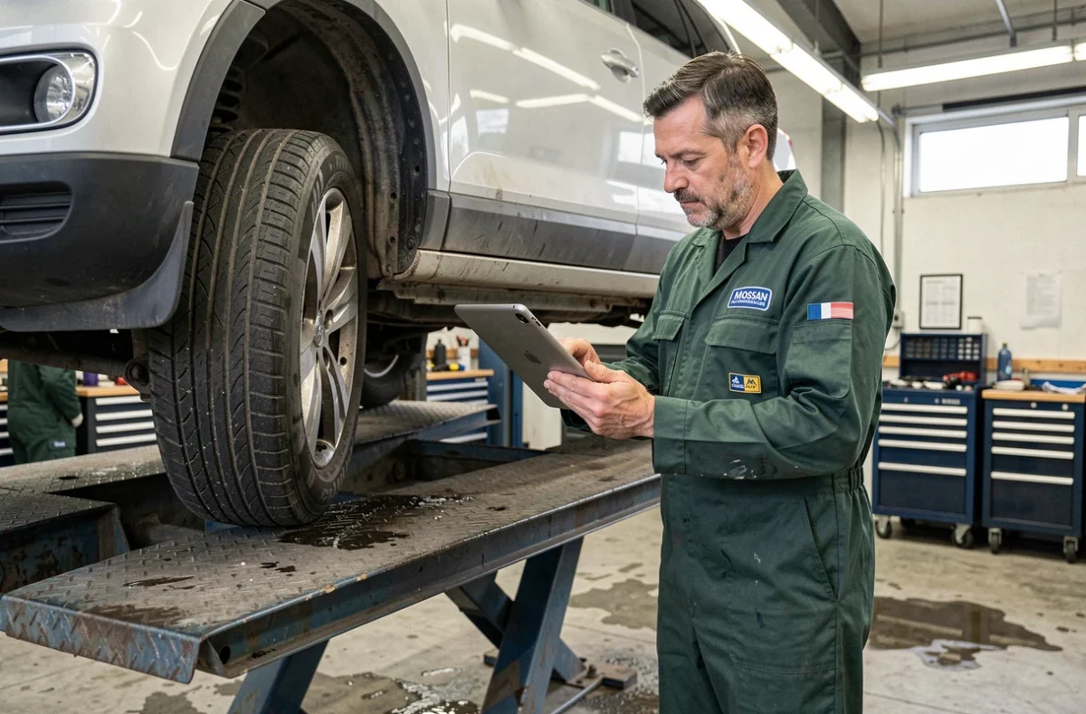 Mécanicien du Garage du Péage Mossan Automobiles inspectant le dessous d'un SUV sur un pont élévateur hydraulique