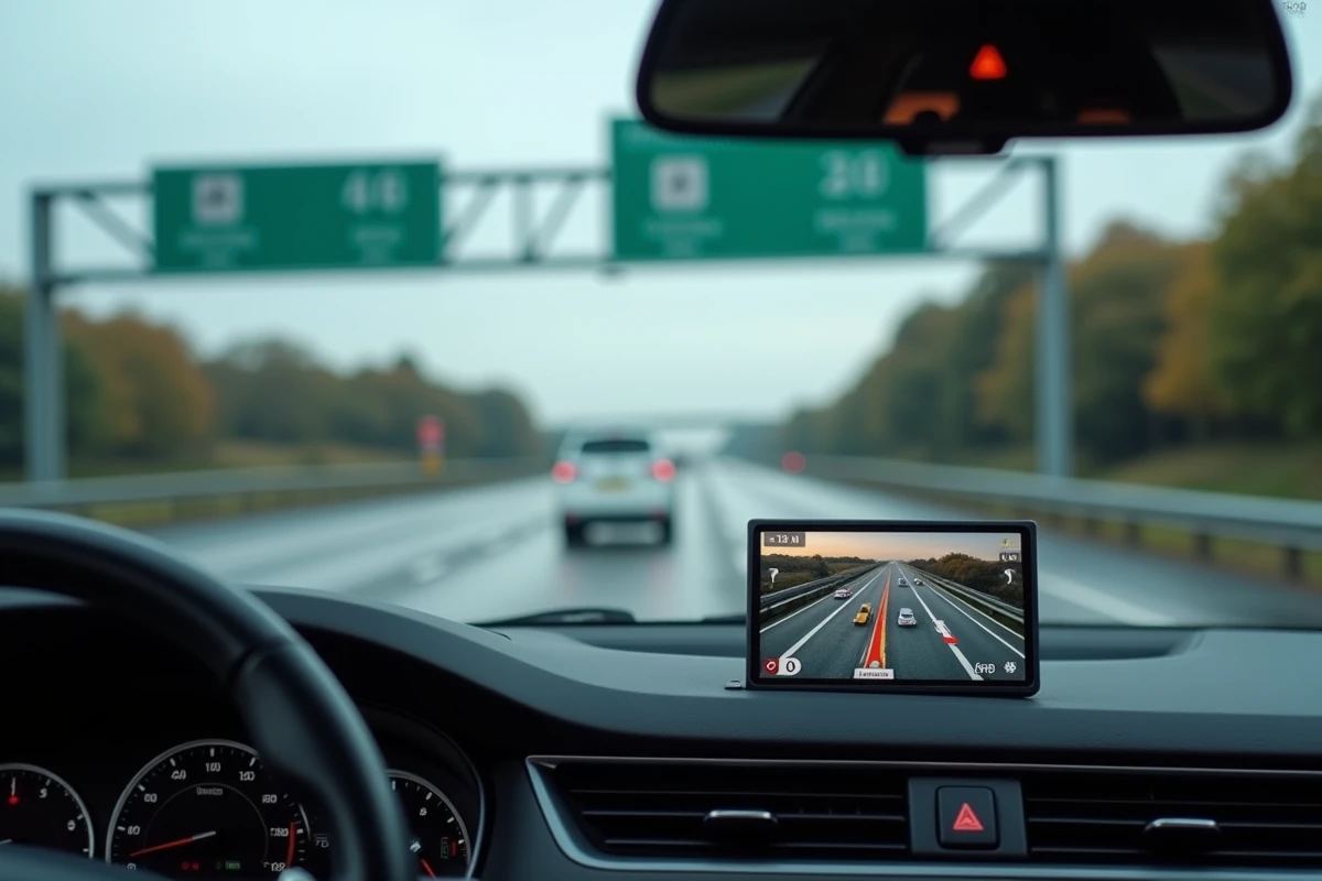 Écran GPS affichant la carte des autoroutes françaises avec sorties et services en voiture