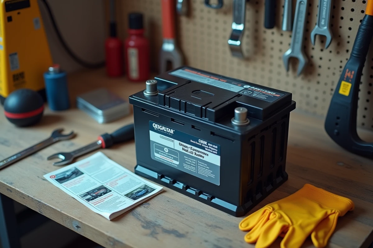 Gros plan d'une batterie automobile avec ses caractéristiques techniques sur un établi de garage avec outils et guide d'achat